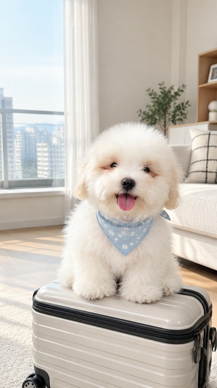 Coton de Tulear puppy Mochi sitting on a suitcase ready to fly from Korea to Thailand