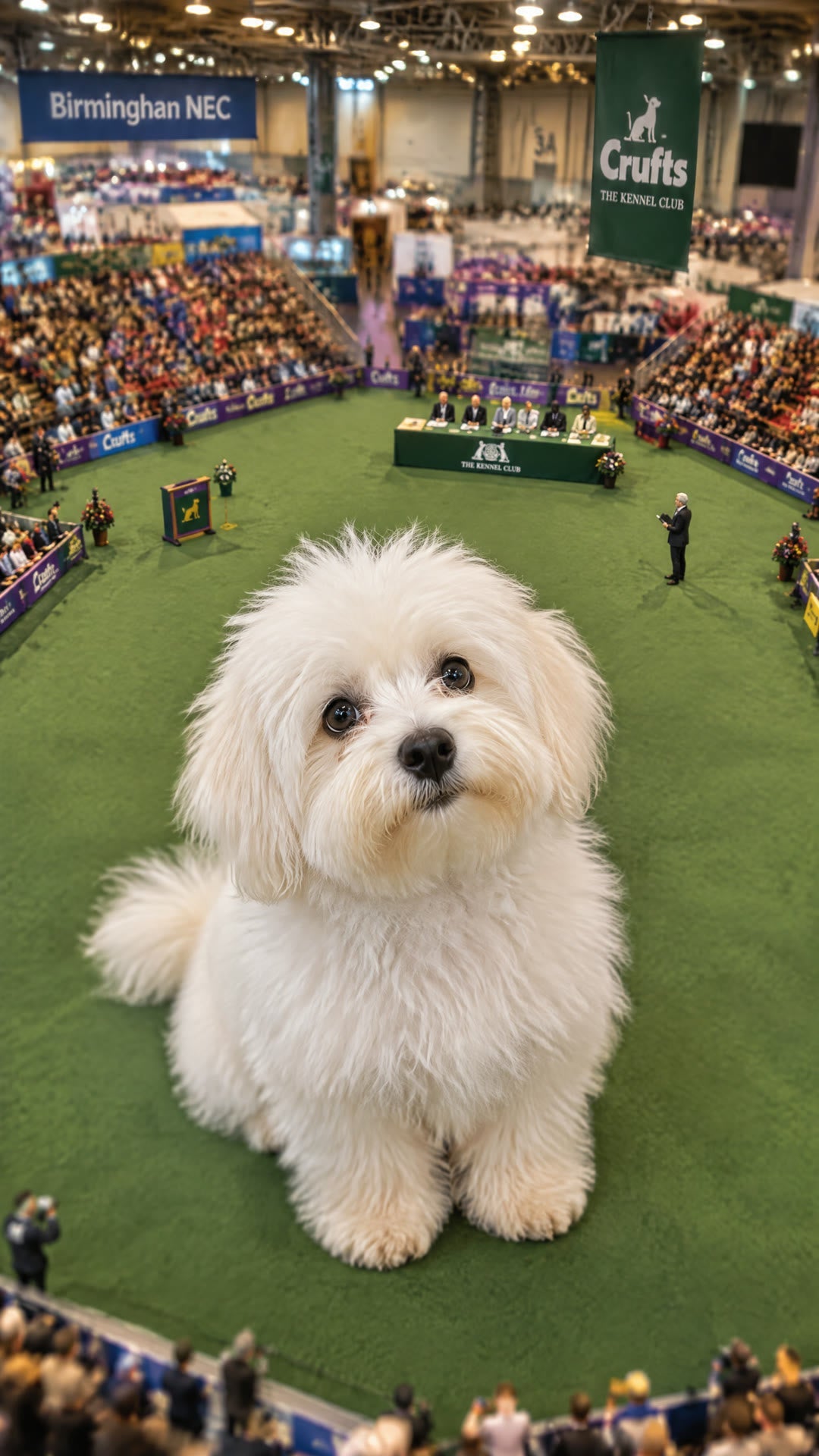Coton de Tulear sitting in the ring of a miniature Crufts dog show arena, Birmingham NEC